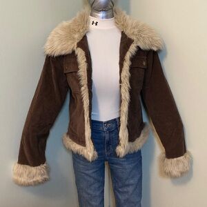 Brown Corduroy Jacket with Cream Faux-Fur Trim